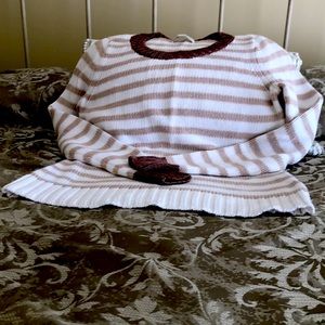 Cream and camel striped sweater with copper lame’ trim on neck and wrists